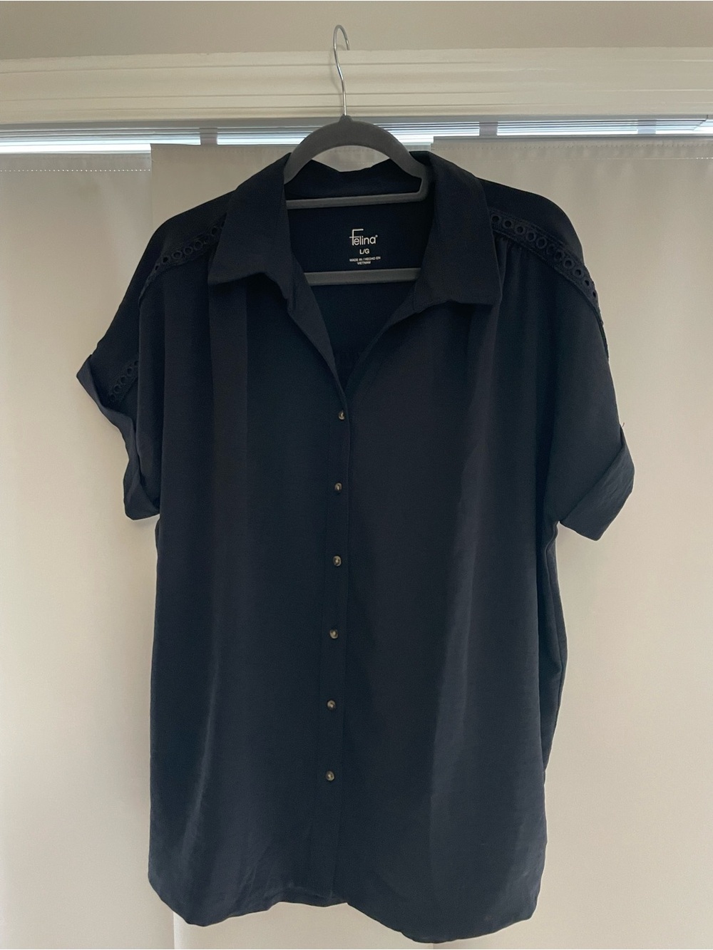 Falina navy Button-Down Eyelet Shoulder Blouse